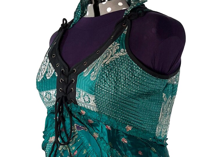 5XL. Sophia Corset Dress with Hi-Low tiered skirt in Silk brocade. Handmade Renaissance Festival Steampunk SKU:2000-8495