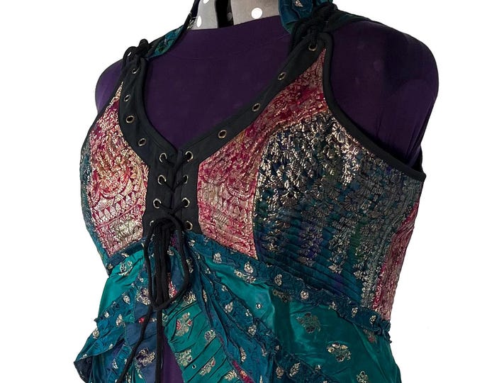 6XL. Sophia Corset Dress with Hi-Low tiered skirt in Silk brocade. Handmade Renaissance Festival Steampunk SKU:2000-8507