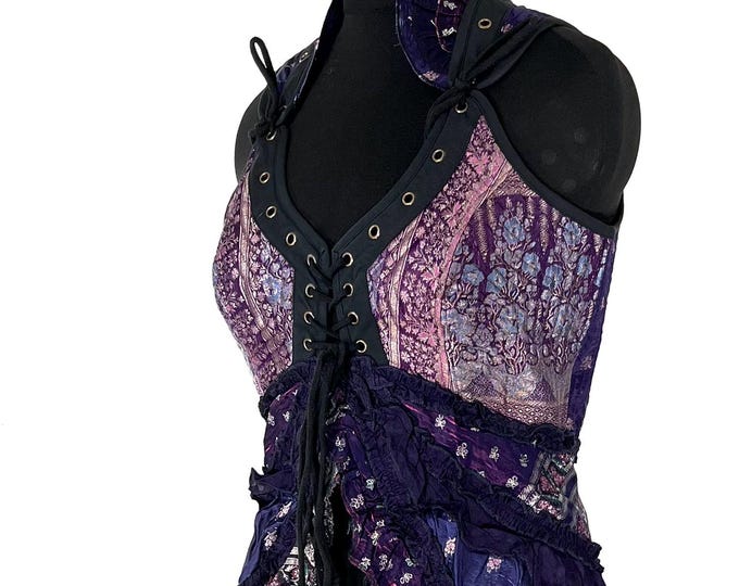 XL. Sophia Corset Dress with Hi-Low tiered bustle skirt in Vintage Silk Brocade SKU:2000-8565