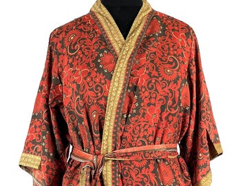 L/XL Upcycled Sari Silk Blend Robe, Reversible Bohemian Kimono Duster Jacket (SKU:723-8771-R)