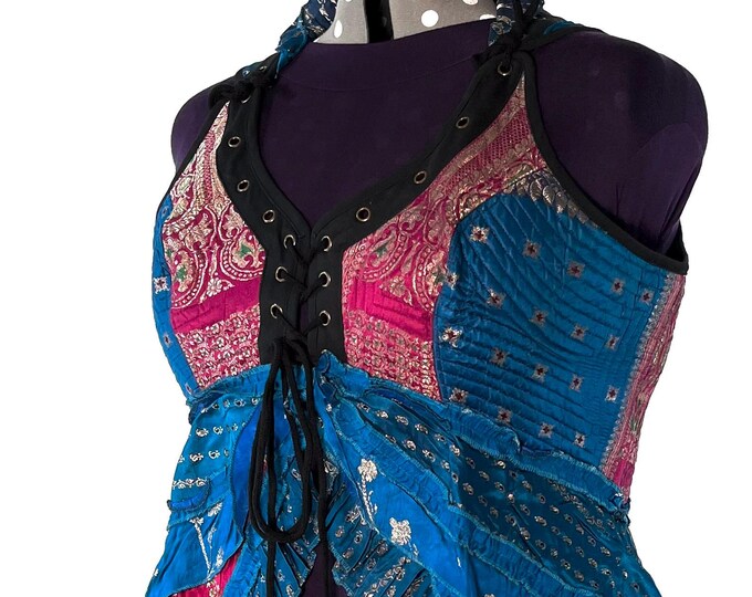 5XL. Sophia Corset Dress with Hi-Low tiered skirt in Silk brocade. Handmade Renaissance Festival Steampunk SKU:2000-8496