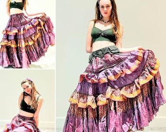 Yasmin 25 yard Gypsy Silk Skirt in One Size Boho Skirt Flamenco Green Bellydance Tribal Fusion  SKU:740-6503