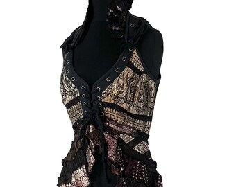 S. Sophia Corset Dress with Hi-Low tiered bustle skirt in brown Vintage Silk brocade.   SKU:2000-8517