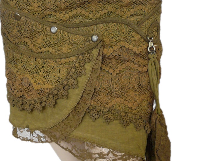 Henna Green Pixie Mini Wrap Skirt, Lace Cotton with Detachable Purse