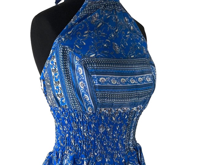 Sadie Silk Pixie Fantasy Dress a One Size Goddess Dress, Hippie Boho Summer Halter Dress with a ruched skirt. SKU:1031-8376