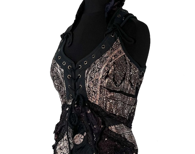 M. Sophia Corset Dress with Hi-Low tiered skirt in Vintage Silk Brocade. SKU:2000-8531