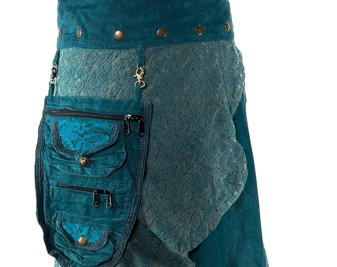 Sea Blue & Yellow Steampunk Corduroy long wrap Skirt with lace and a detachable Purse.
