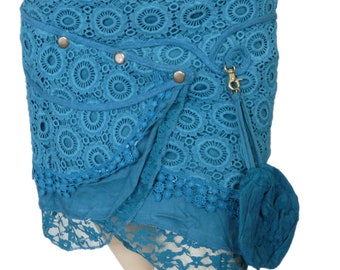 Aquamarine Cotton Crochet Lace Mini Skirt, Boho Pixie Wrap, Detachable Purse