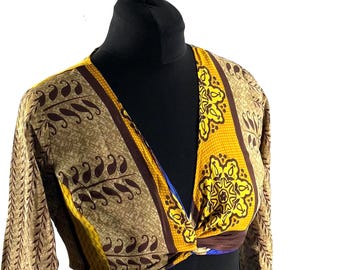 M/L Joy Bell Sleeve Crop Top; Silky Sari Summer Wrap Top (571-10283)
