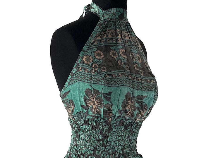 Sadie Silk Pixie Fantasy Dress a One Size Goddess Dress, Hippie Boho Summer Halter Dress with a ruched skirt. SKU:1031-8383