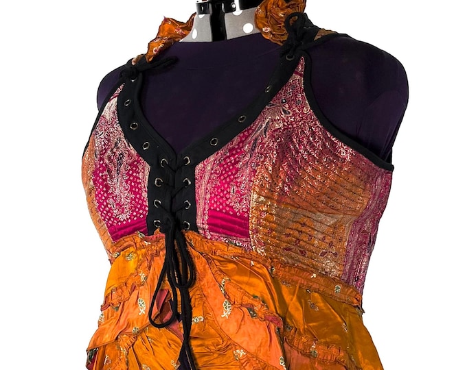 6XL. Sophia Corset Dress with Hi-Low tiered skirt in Silk brocade. Handmade Renaissance Festival Steampunk SKU:2000-8503