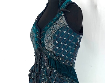L. Cosmo Silk & Velvet Corset Dress. Steampunk Bustier, Larp, Tribal, Pagan, Fantasy