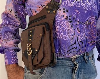 Money belt, Hip-bag, Fanny pack, Bum bag, Cotton, leather trim, brown with 3 zipped pockets + 2 mag clip pockets.