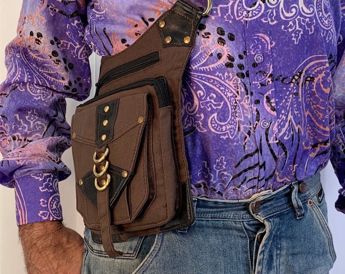 Money belt, Hip-bag, Fanny pack, Bum bag, Cotton, leather trim, brown with 3 zipped pockets + 2 mag clip pockets.