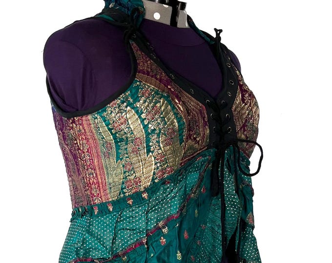 6XL. Sophia Corset Dress with Hi-Low tiered skirt in Silk brocade. Handmade Renaissance Festival Steampunk SKU:2000-8501