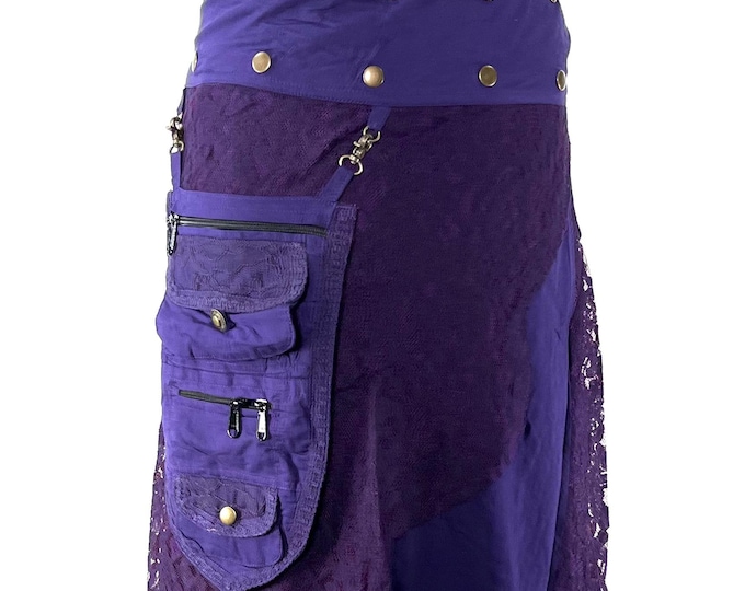 Royal Purple Cotton Maxi Wrap Skirt; Steampunk, with detachable 3 Pocket Purse. SKU:1040-1041-