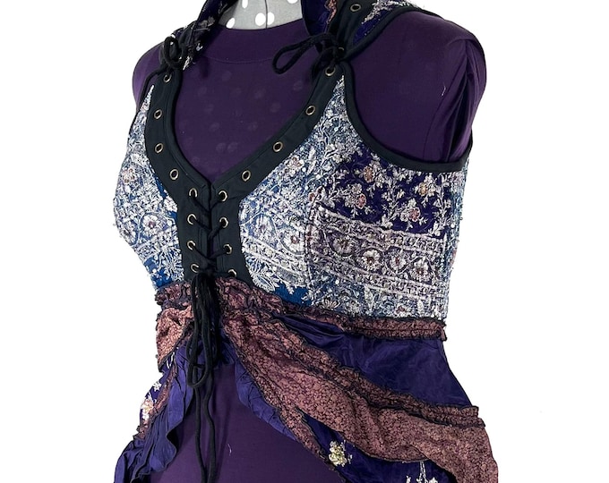 3XL. Sophia Corset Dress with Hi-Low tiered skirt, handmade from Vintage Silk Brocade. Renaissance Festival Steampunk SKU:2000-8599