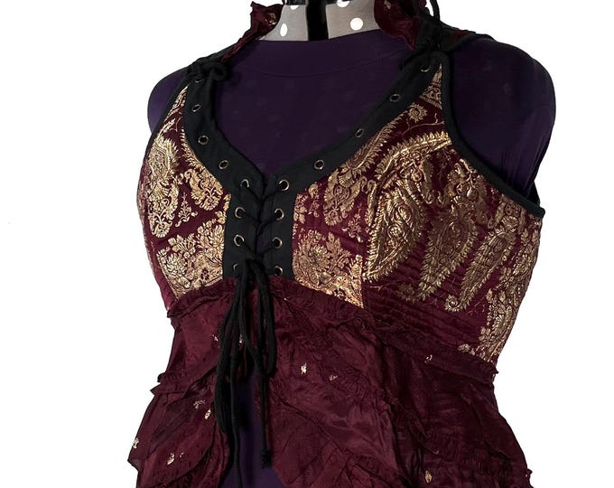 6XL. Sophia Corset Dress with Hi-Low tiered skirt in Silk brocade. Handmade Renaissance Festival Steampunk SKU:2000-8500