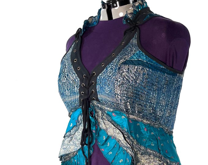 5XL. Sophia Corset Dress with Hi-Low tiered skirt in Silk brocade. Handmade Renaissance Festival Steampunk SKU:2000-8493