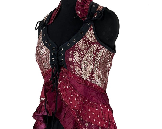 XL. Sophia Corset Dress with Hi-Low tiered bustle skirt in Vintage Silk Brocade SKU:2000-8569