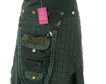 Steampunk Wrap Skirt in Green Cotton; Edwardian Long Skirt, Victorian Walking Winter Skirt with a detachable 3 Pocket Purse. SKU:1040-1041-