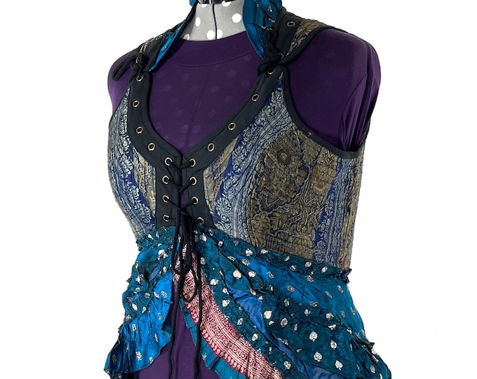 4XL. Sophia Corset Dress with Hi-Low tiered skirt in Silk brocade. Handmade Renaissance Festival Steampunk SKU:2000-8573