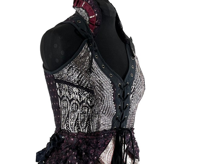 2XL Varuna Corset Bustier Dress in Silk Brocade with long body; Larp, Steampunk, Gothic SKU:2002-7484
