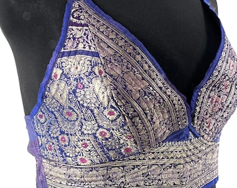 L/XL Phoenix Tribal Top. New cut in up-cycled Blue & Silver Silk Brocade, SKU:1025-7680