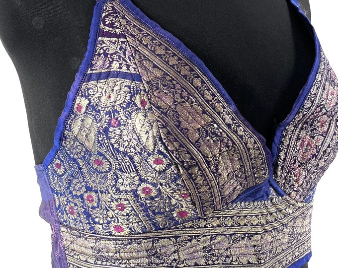 L/XL Phoenix Tribal Top. New cut in up-cycled Blue & Silver Silk Brocade, SKU:1025-7680