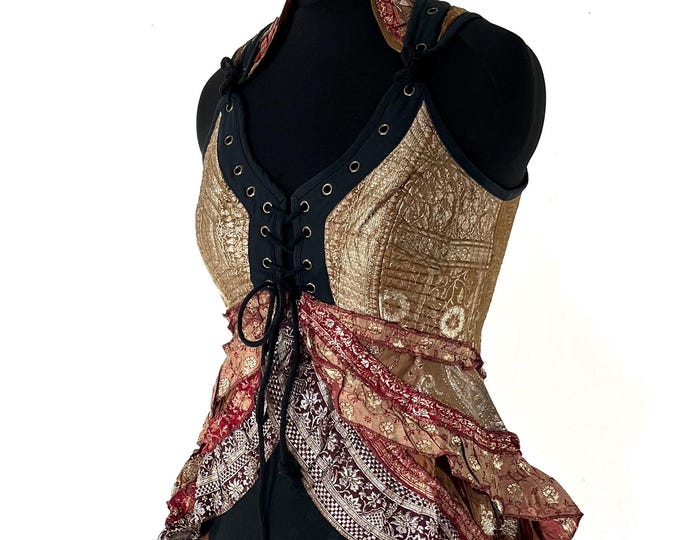 L. Sophia Corset Dress with a Hi-Low tiered skirt in Vintage Silk Brocade. Steampunk, Ren Faire, Festival  SKU:2000-8614