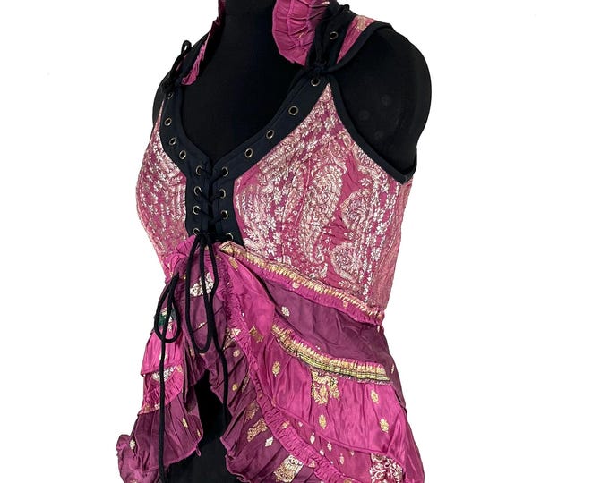 XL. Sophia Corset Dress with Hi-Low tiered bustle skirt in Vintage Silk Brocade SKU:2000-8568