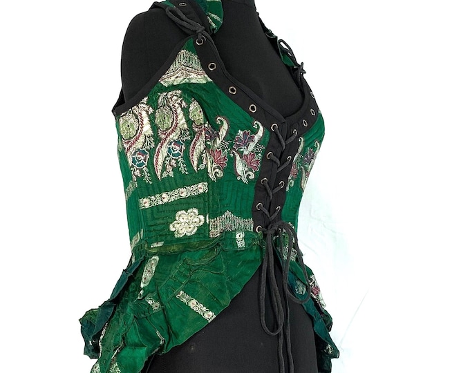 XL. Varuna Corset Dress in Silk Brocade with long body. Flamenco, Larp, Steampunk, Pagan, Fantasy SKU:2002-2612