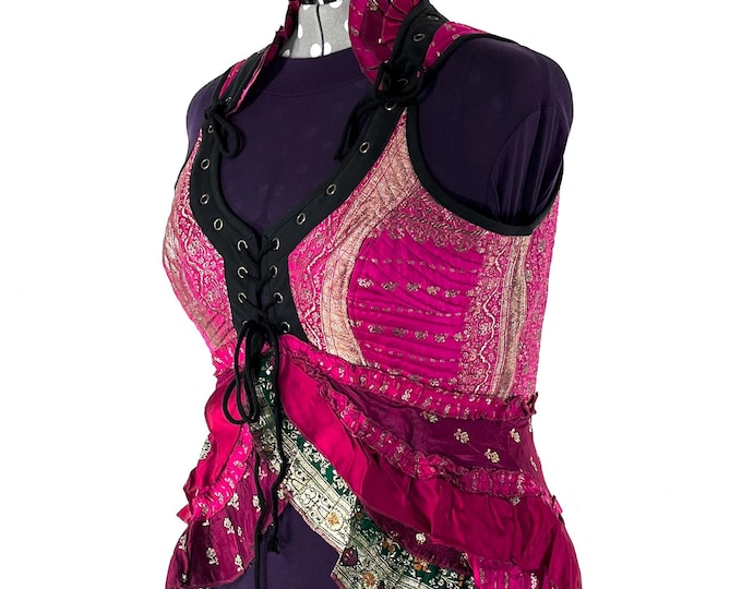4XL. Sophia Corset Dress with Hi-Low tiered skirt in Silk brocade. Handmade Renaissance Festival Steampunk SKU:2000-8575
