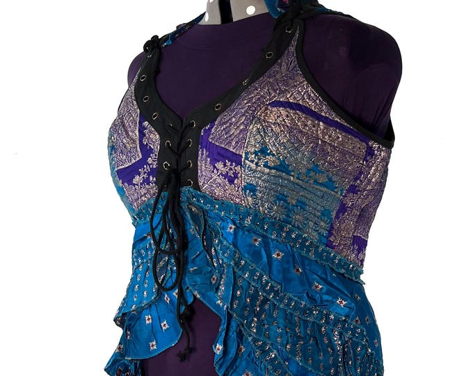 5XL. Sophia Corset Dress with Hi-Low tiered skirt in Silk brocade. Handmade Renaissance Festival Steampunk SKU:2000-8497