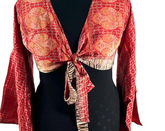 M/L Joy Bell Sleeve Crop Top, Sari Summer Wrap, Handmade Silky, Light Hippy Style (SKU:571-10295)