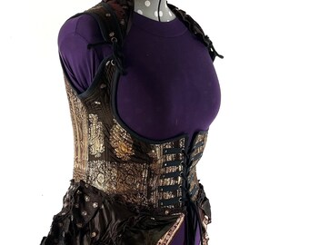 5XL. Elisa Bustier Dress; Steampunk Under-bust Long Body Corset in Silk Brocade, Boho Cottagecore Pirate SKU:2004-7913