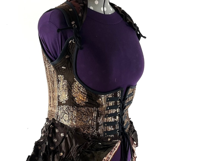 5XL. Elisa Bustier Dress; Steampunk Under-bust Long Body Corset in Silk Brocade, Boho Cottagecore Pirate SKU:2004-7913