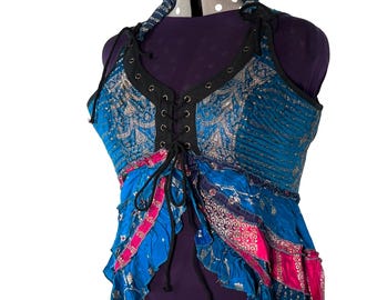 STAIN DAMAGE (Back shoulder) - Reduced. 5XL Sophia Corset Dress with Hi-Low tiered skirt in Silk brocade. Steampunk SKU:2000-8499