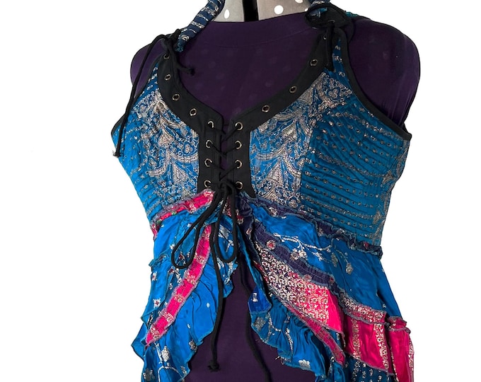 STAIN DAMAGE (Back shoulder) - Reduced. 5XL. Sophia Corset Dress with Hi-Low tiered skirt in Silk brocade. Steampunk SKU:2000-8499
