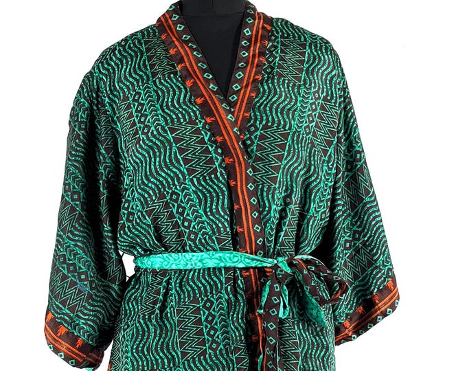S/M Size. Upcycled Silk Blend Robe - Reversible Kimono, Deep Pockets (SKU:725-8791-R)