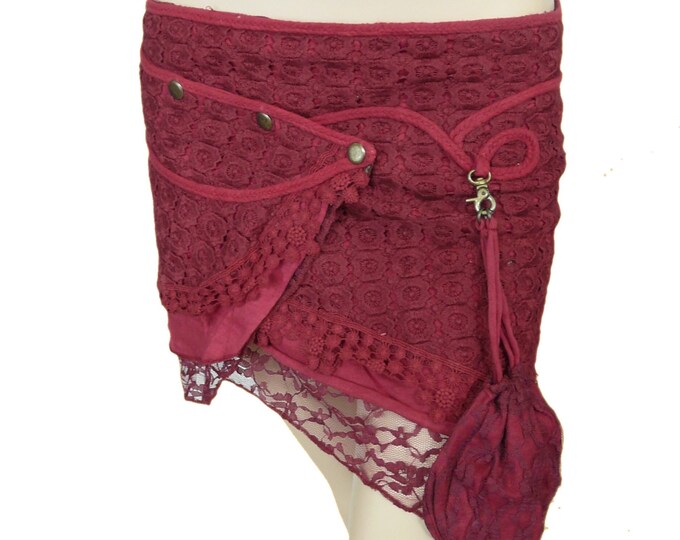 Red Mini Skirt; Pixie Yarra Wrap Skirt with Lace, Cotton & a Detachable Purse.
