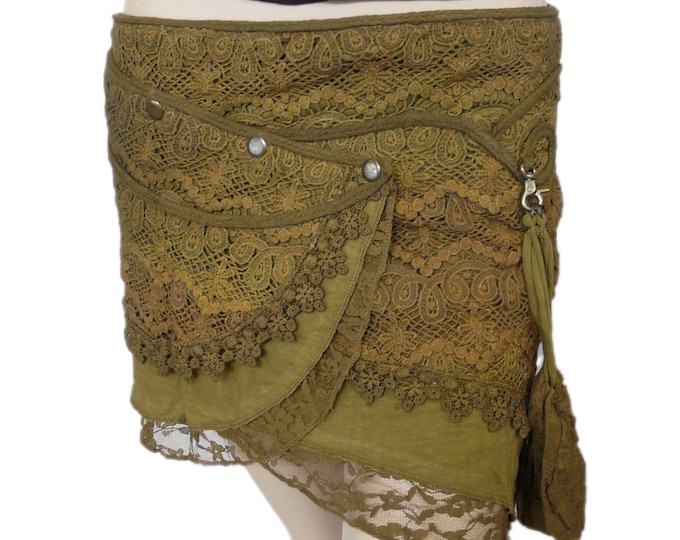 Mini Skirt Henna Green Pixie Yarra Wrap Skirt Lace Cotton; Detachable Purse, Hippie Short Elven Boho Goa skirt.