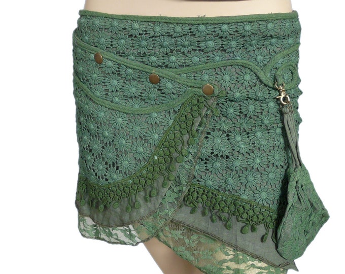Leaf Green Mini Wrap Skirt in Cotton Lace with detachable purse.