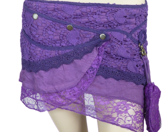 Mini Skirt, Pixie Wrap Cotton in Purple, with clip-off Purse. Yarra SKU:2020