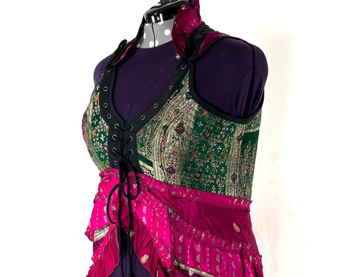 4XL. Sophia Corset Dress with Hi-Low tiered skirt in Silk brocade. Handmade Renaissance Festival Steampunk SKU:2000-8571