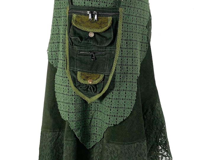 Green Boho Skirt. Corduroy long wrap Skirt with detachable purse