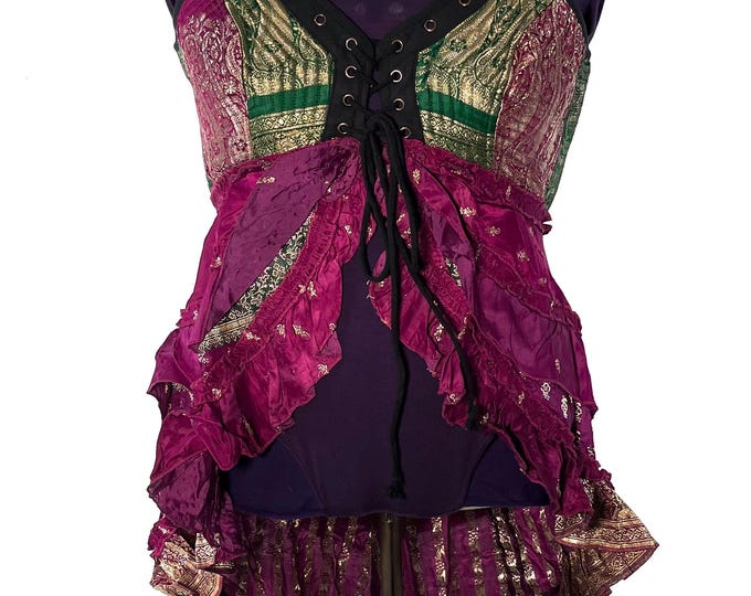 Sophia Corset Dress. Hi-Low tiered skirt, Silk brocade. Handmade Renaissance Festival UK-5XL  (SKU:2000-8484)