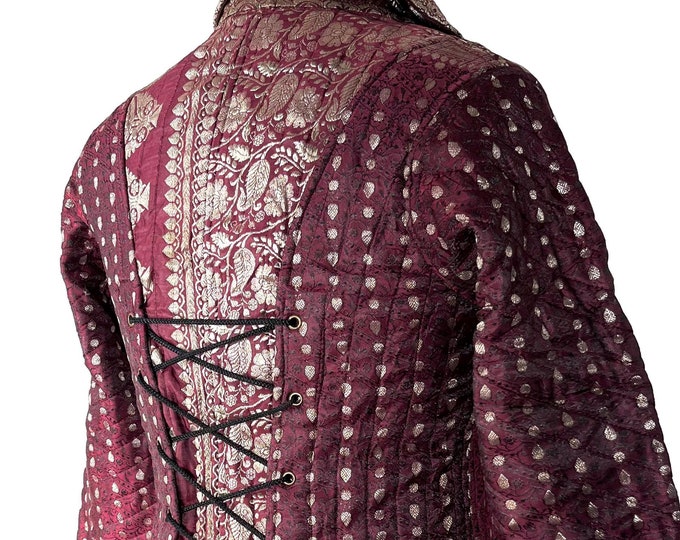 2XL. Steampunk Coat; a Silk Brocade Fleece Lined Tailcoat SKU:549-8400