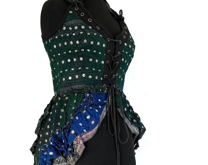 M. Steampunk Corset Dress in Silk Brocade with long Varuna body. Flamenco, Larp, Pagan, Fantasy, Gothic, Goth