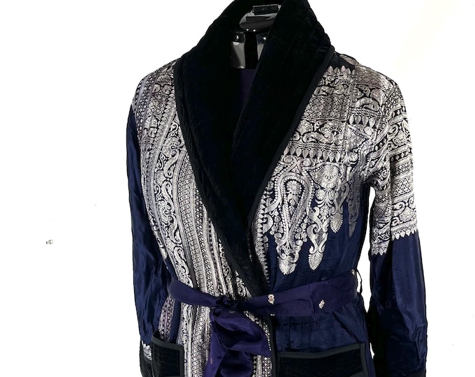 A Long Vintage Silk Brocade Coat; High Velvet Collar, 3 pockets, blue & silver unisex wrap jacket with belt SKU:3081-8531